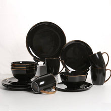 Load image into Gallery viewer, Dinnerware Set- Black with Gold Rim, Microwave Safe
