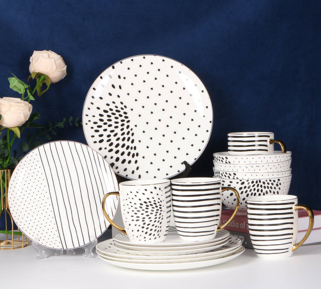 Dinnerware Set- White & Black with Gold Rim